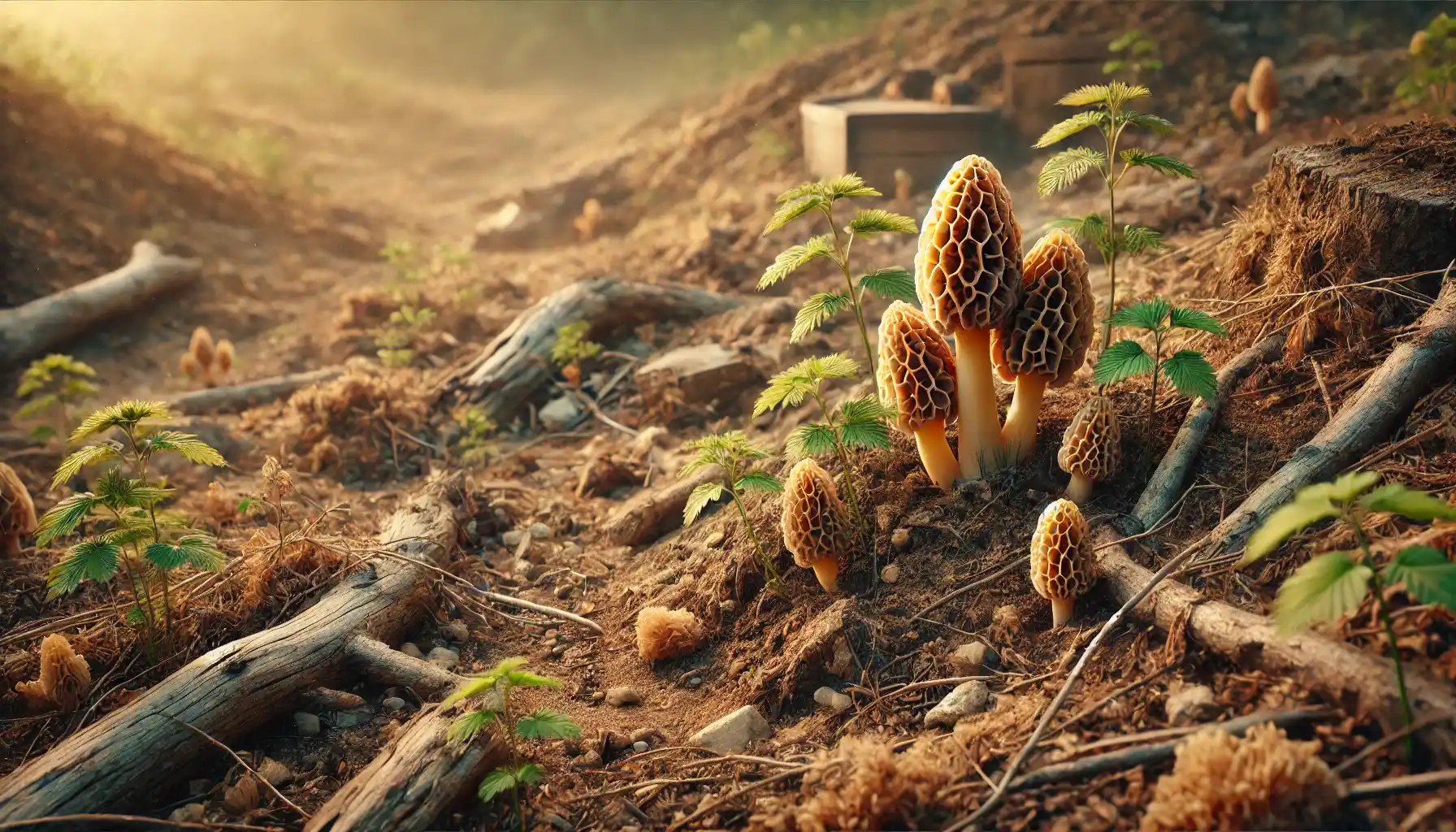 A picture of a disturbed area with morel mushrooms grown there