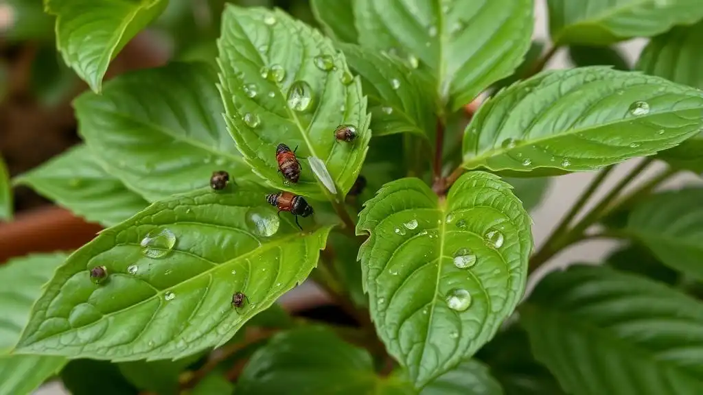 A picture of a pest-infested houseplant with honeydew on the leaves