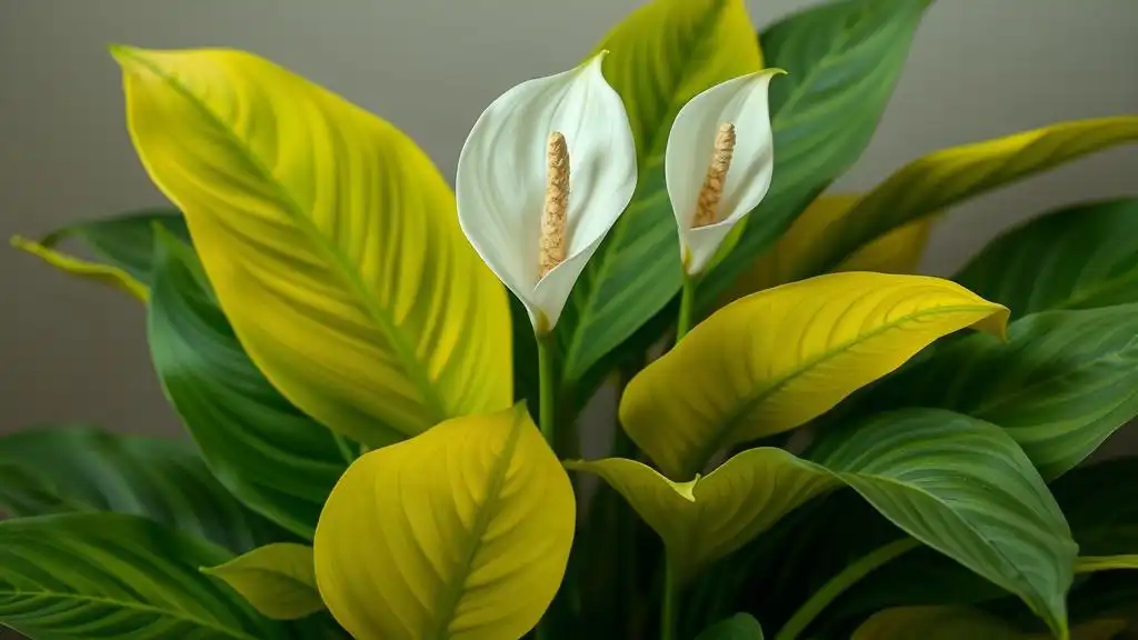 A picture of a peace lily with yellowing leaves