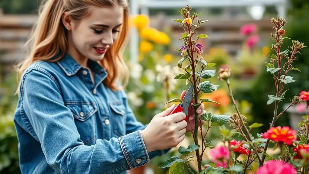 A picture of a young woman who is pruning a plant in her lovely outdoor garden