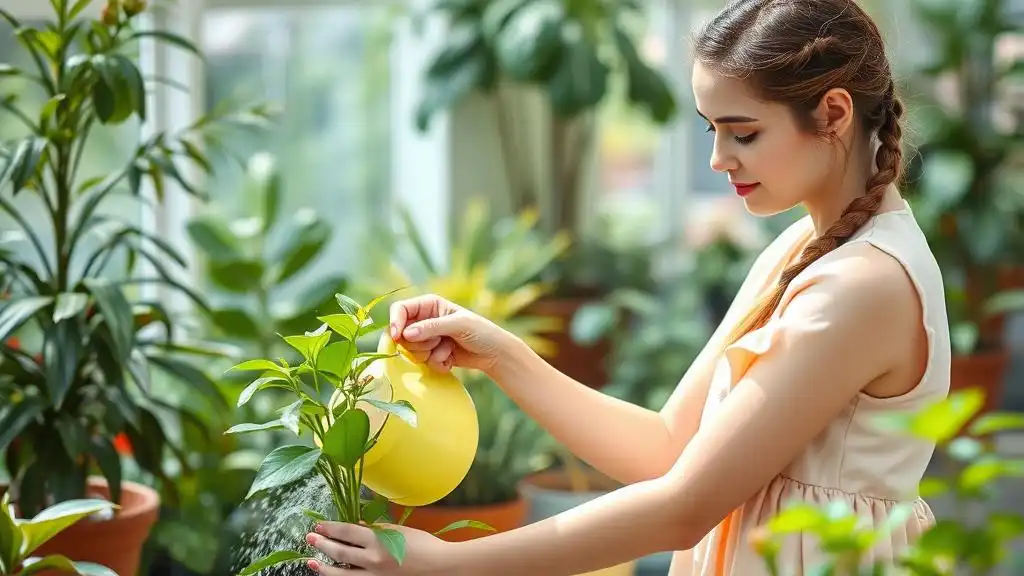 A picture of the lovely indoor garden with the young woman watering a plant