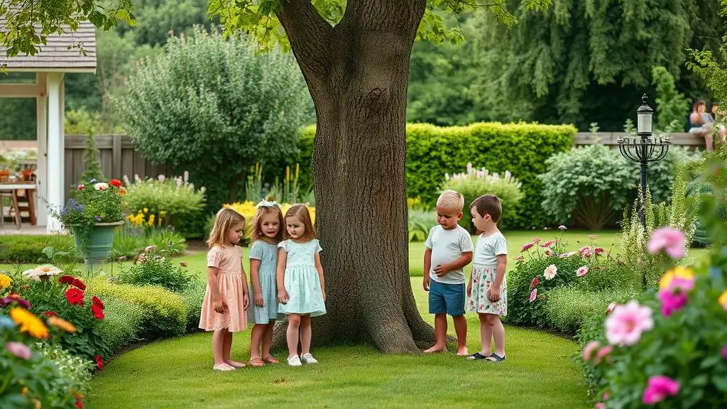 A picture of children standing around a tree in a grandmother's garden