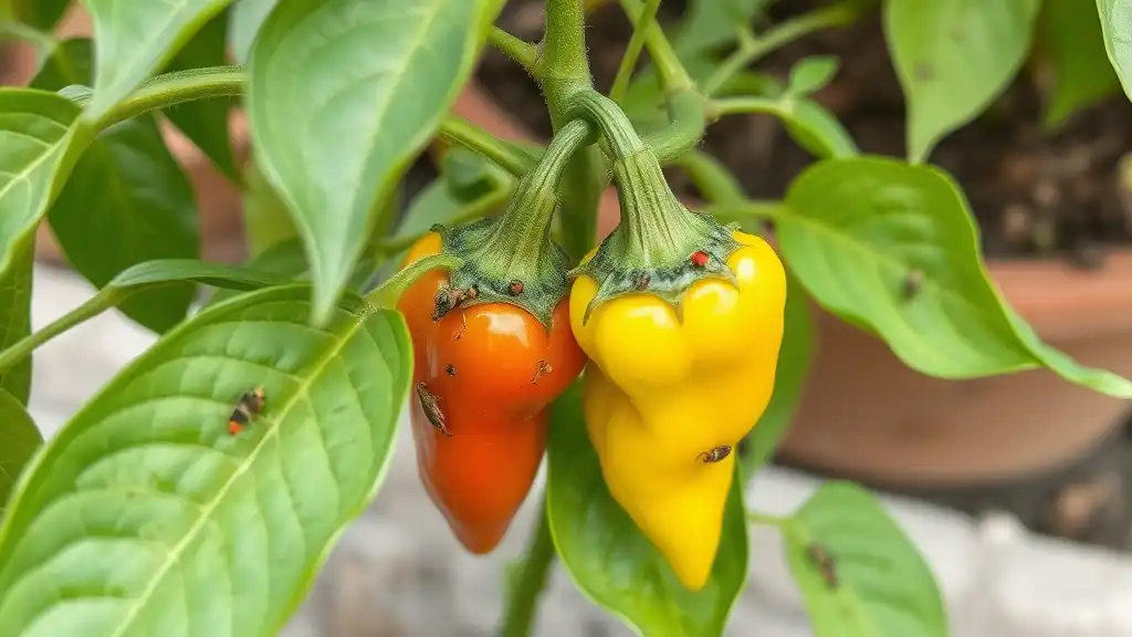 A picture of a pepper plants with the curling leaves with pests on the plant