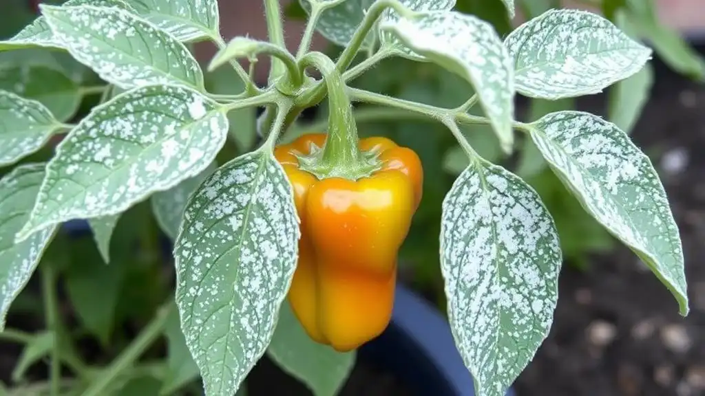 A picture of a pepper plant suffering from powdery mildew