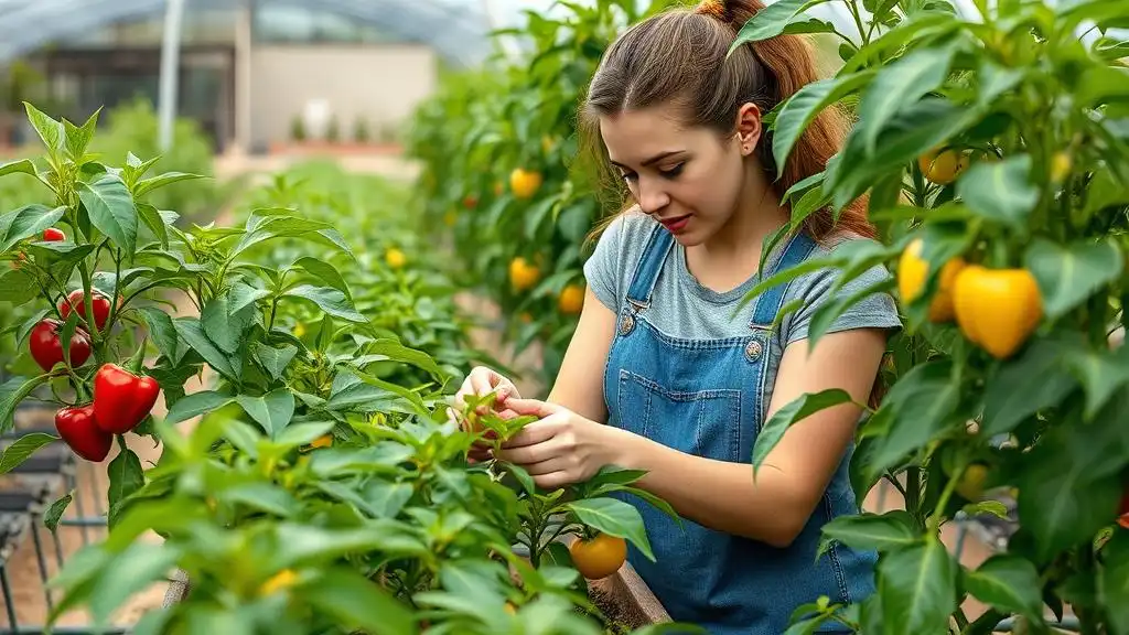 A picture of a young woman taking care of the pepper plants outdoors