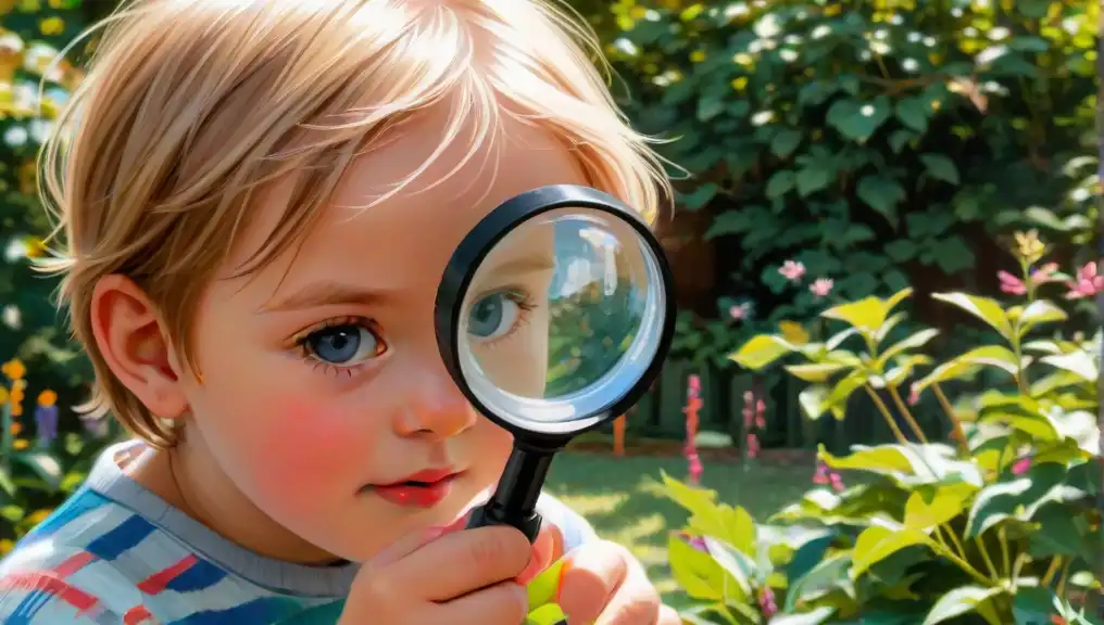 A picture of a child with a magnifier in the private garden