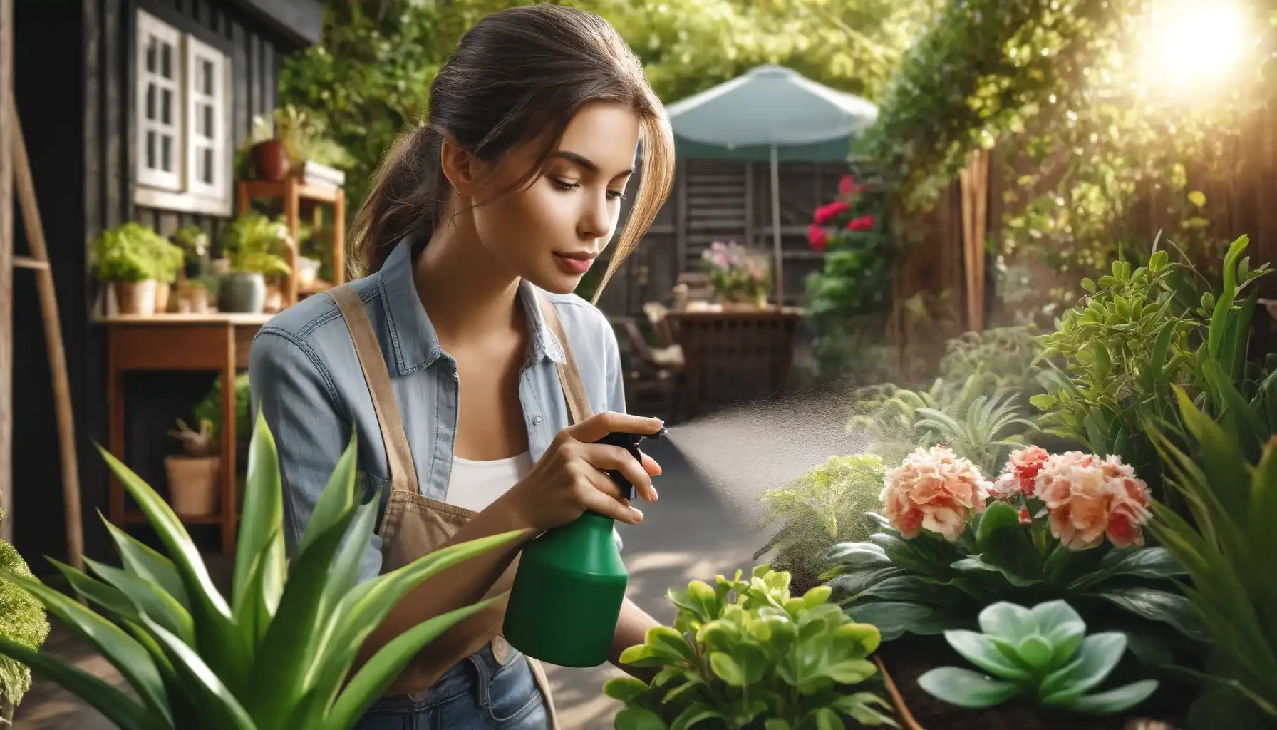 A picture of a young woman misting the plants in her garden