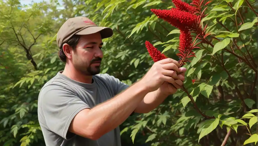 A picture of a gardener who is removing sumac plants by hand