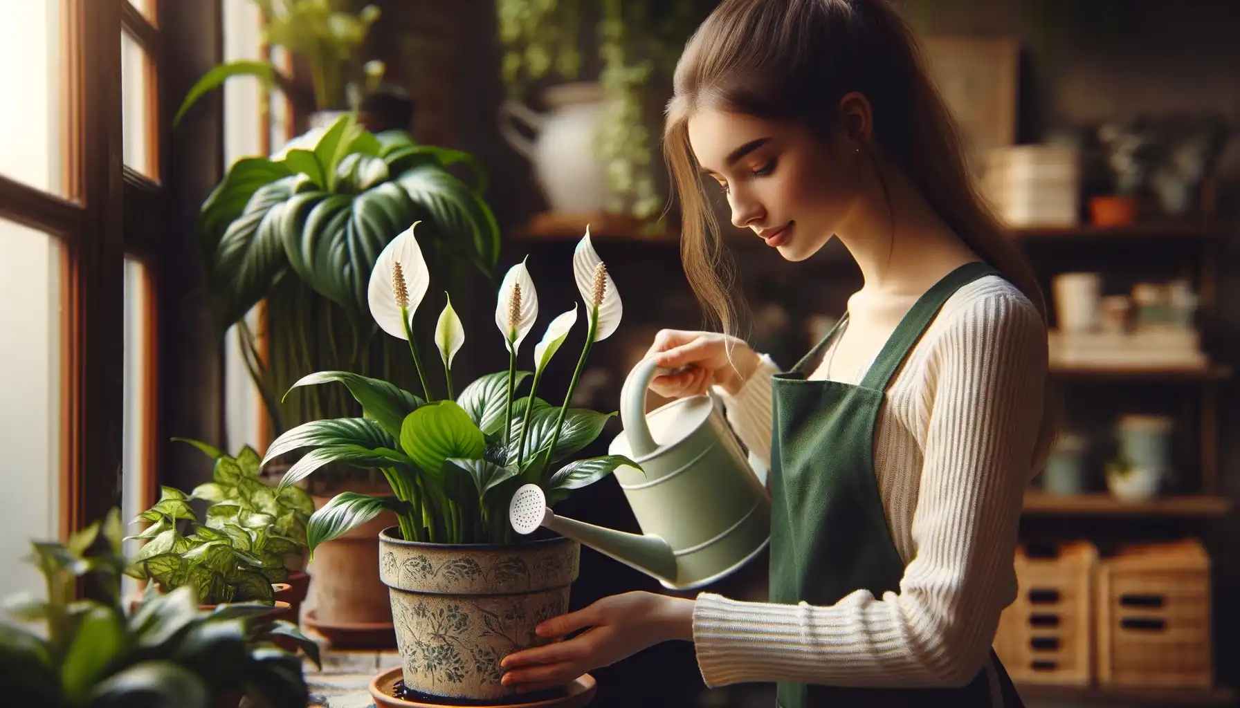 A picture of the thriving peace lilies in a pot being watered by a young lady