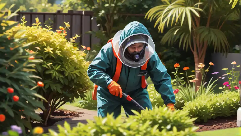 A picture of a man performing pest control procedures in the garden professionally