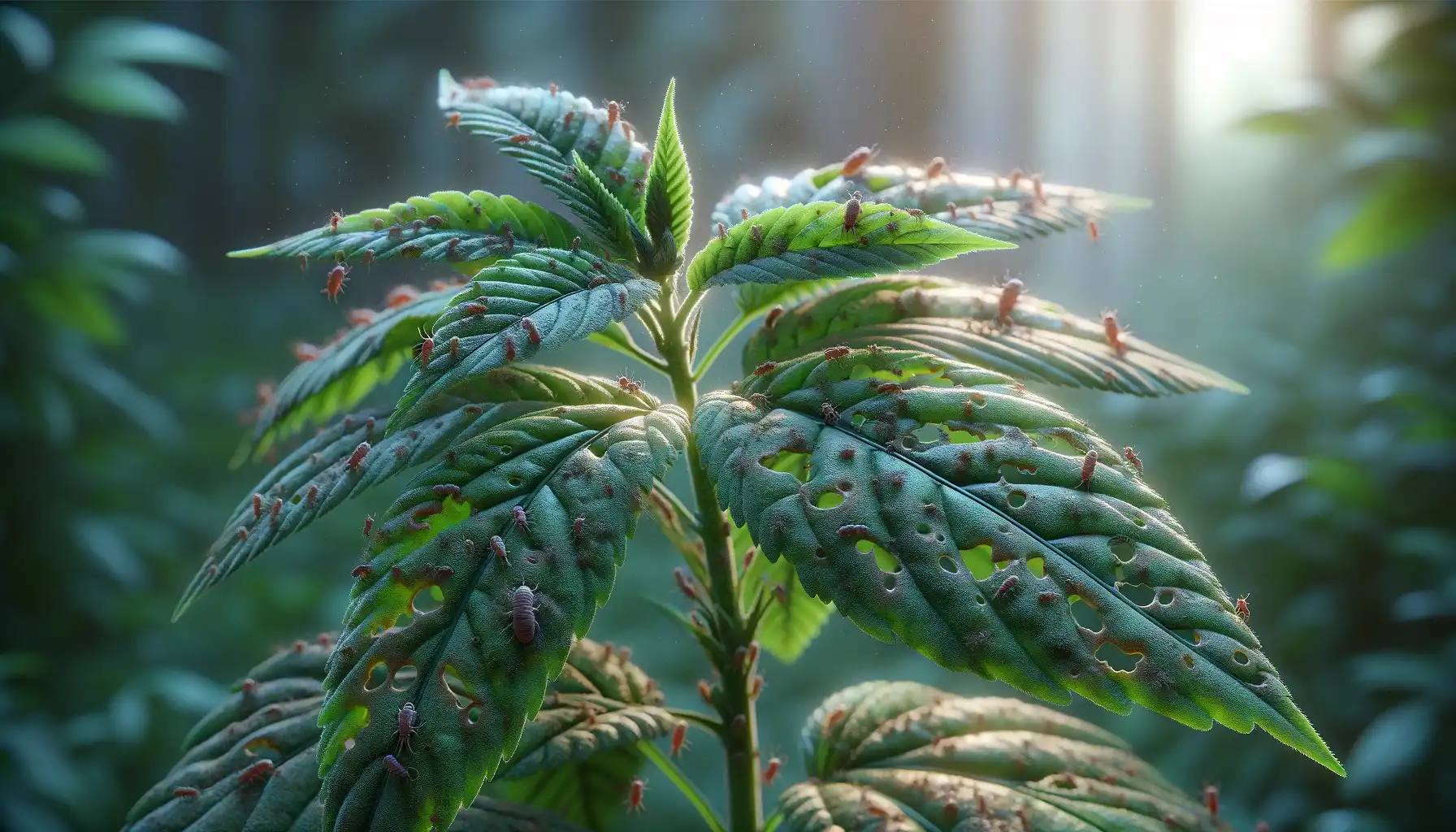 A close-up picture of the plant's leaves with pests on them