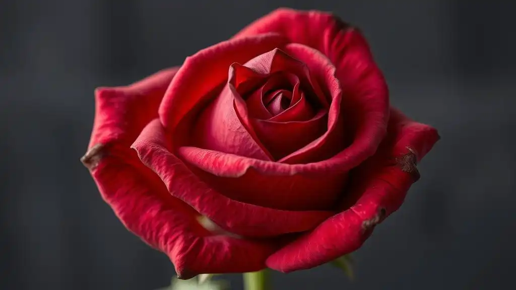 A picture of a wilting rose with brown tips