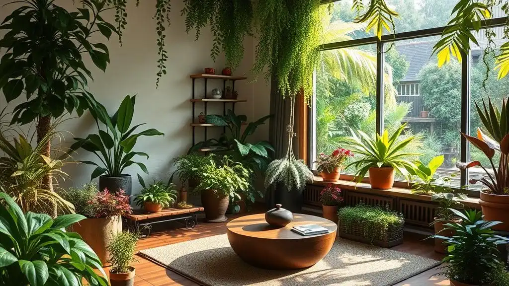 A serene room with a beautiful indoor garden