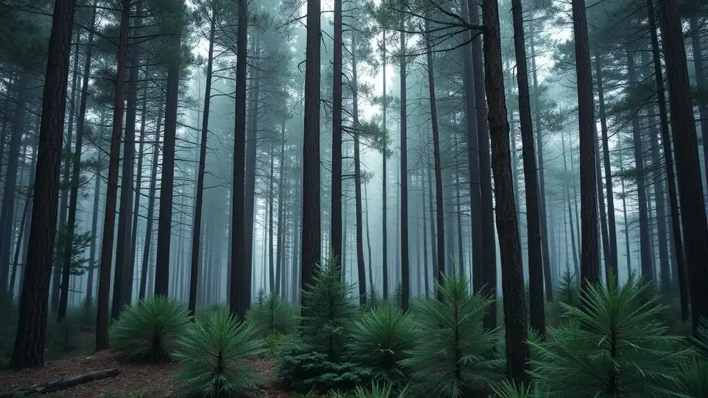 A picture of a mysterious pine forest