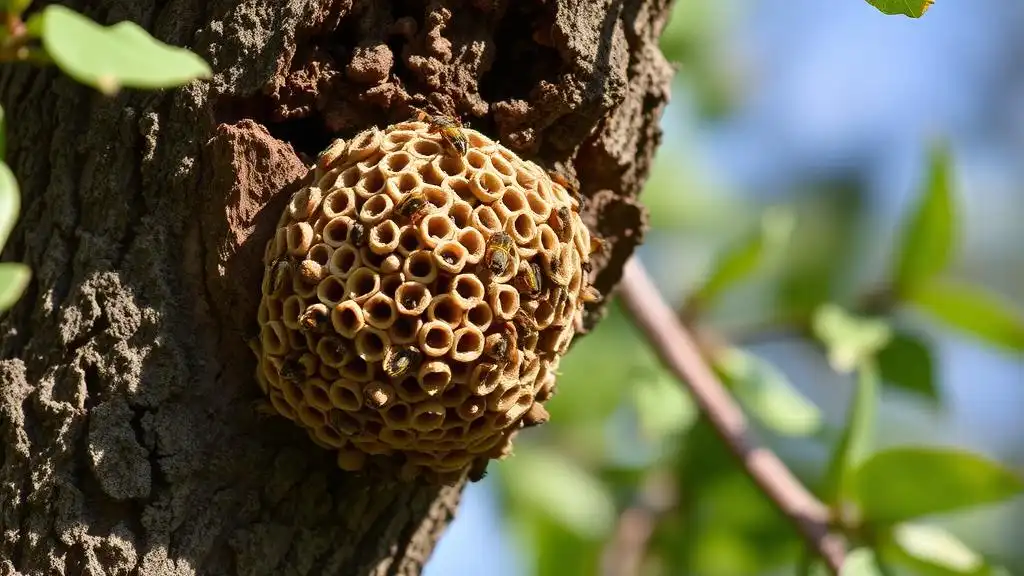 A picture of a wasp nest on a tree