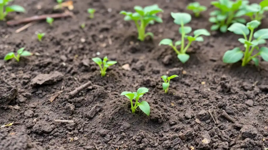 A picture of a small vegetable garden with recently plowed soil.