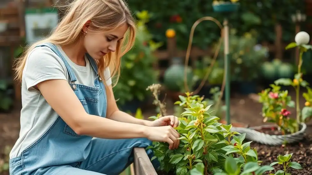 A picture of a female gardener who is taking care of her plants in the outdoor garden