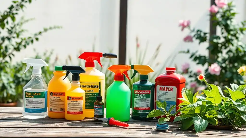 A picture of various chemical control means located on the table next to the outdoor garden