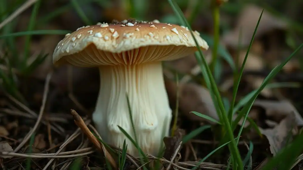 A close-up picture of a typical mushroom in the wild