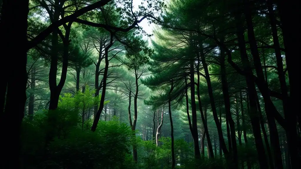 A picture of a dense forest from the inside