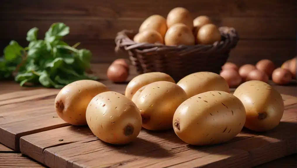 A picture of potatoes located on the wooden table