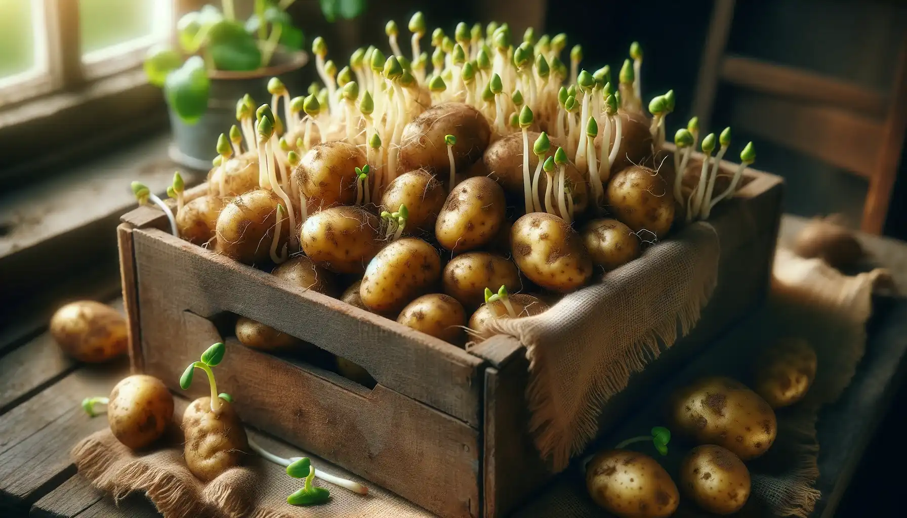 A picture of sprouted potatoes in a box