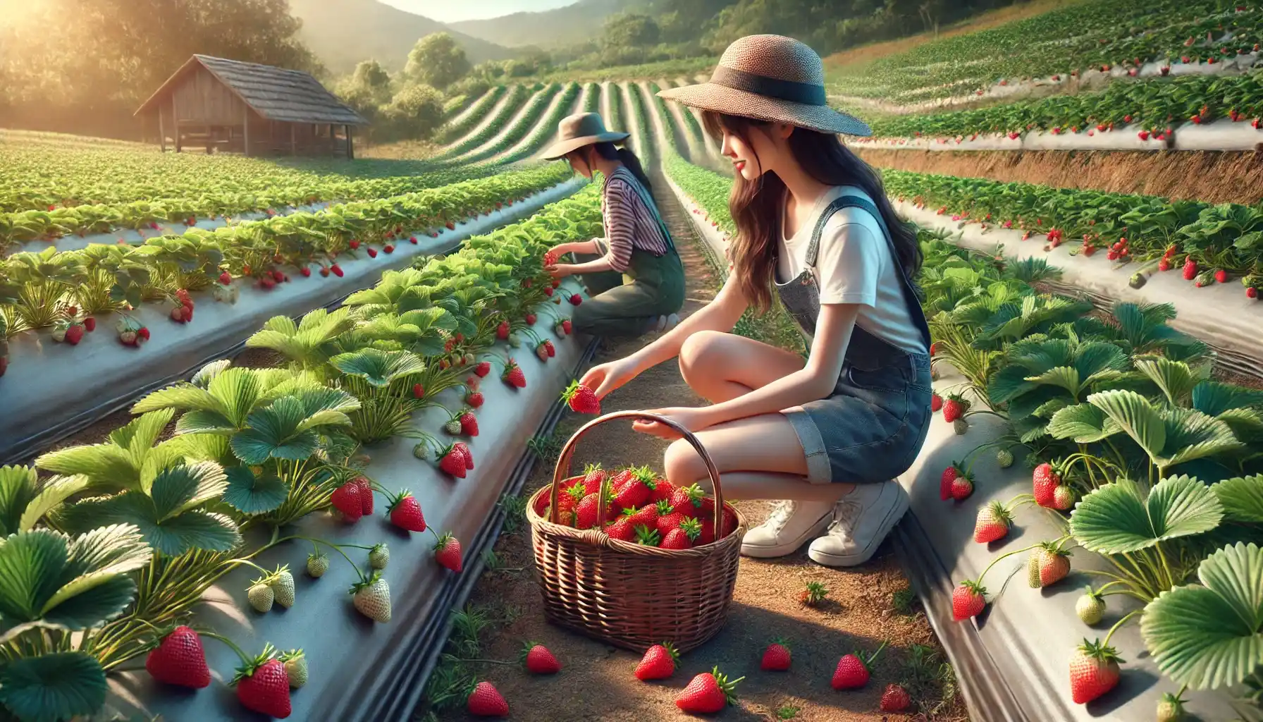 A picture of a young lady harvesting strawberries in a farm