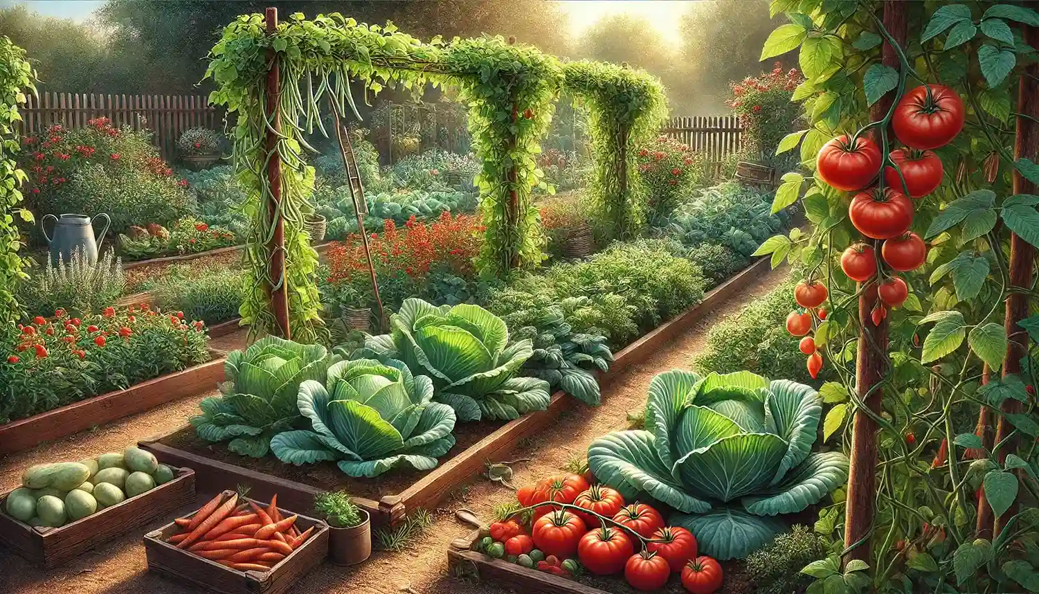 A picture of four vegetable patches: a row of beans, a row of cabbage, a row of tomatoes, and a row of carrots.