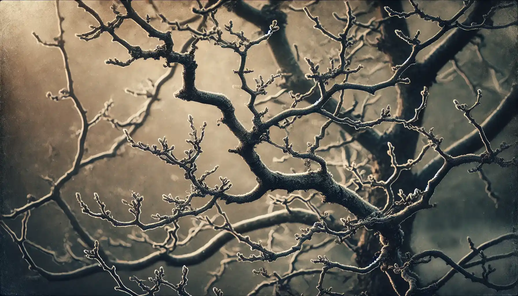 A close-up picture of a bare apple tree in winter