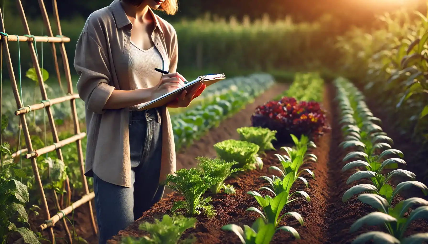 A picture of a female gardener who is taking notes standing next to the vegetable patch