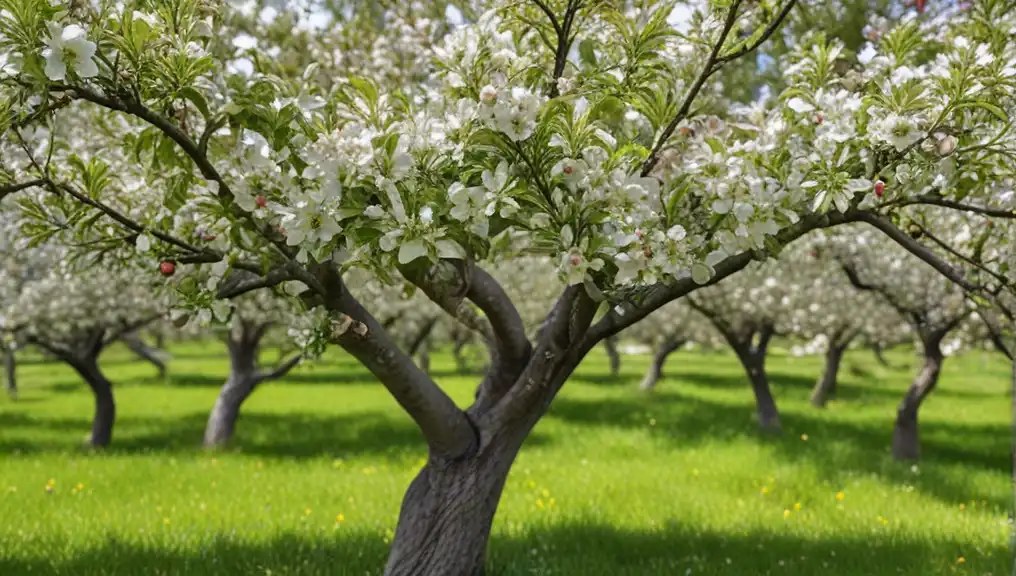 A picture of an apple tree in a lovely garden at its full bloom