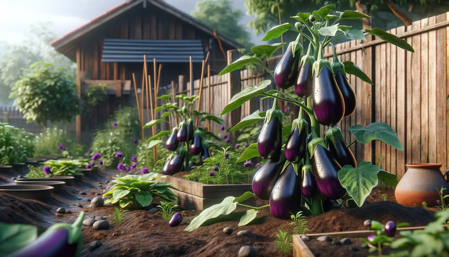 A picture of eggplants growing in the small local garden