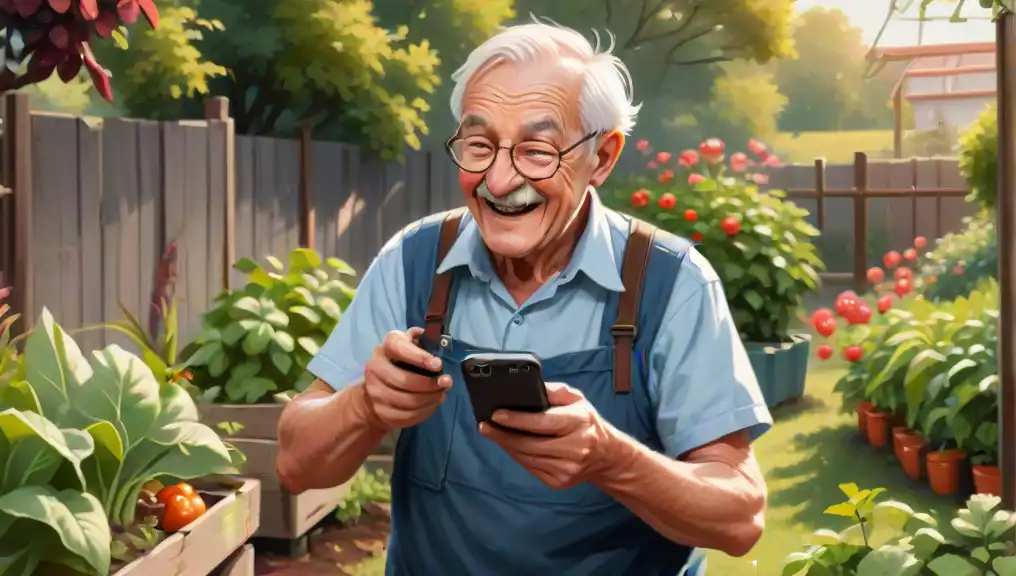 A picture an amused elderly man who is holding a phone and proudly looking at his vegetable garden