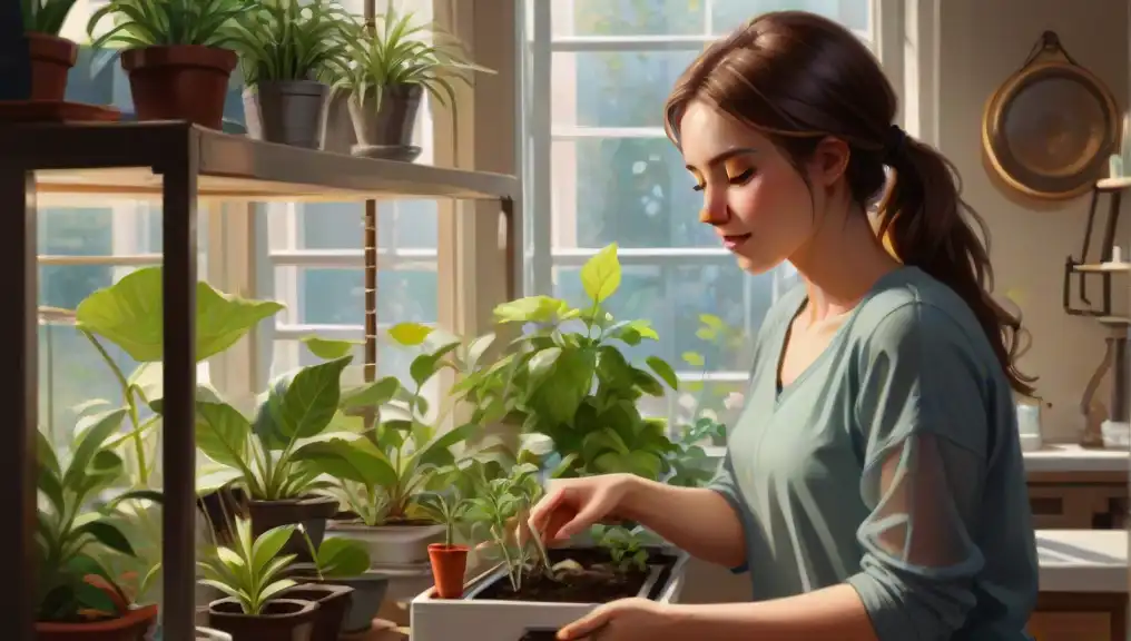 A picture of a young woman taking care of her indoor garden